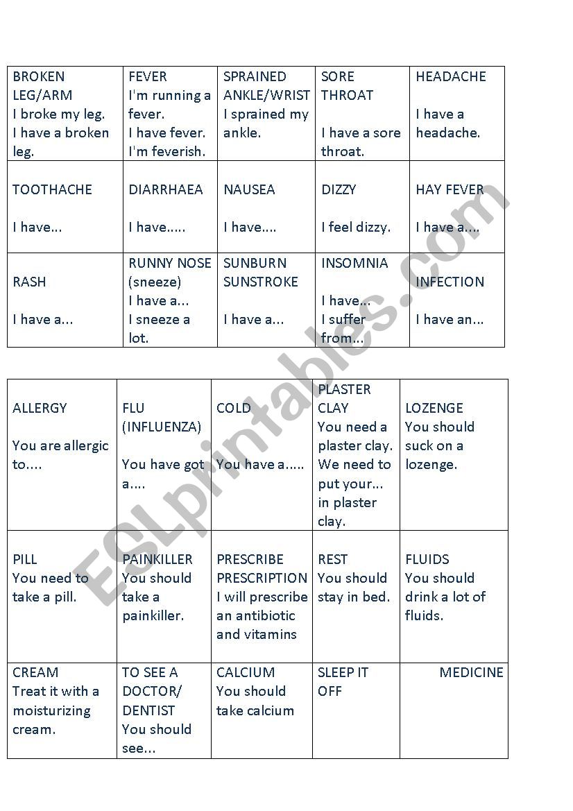 sickness and remedies flash-cards