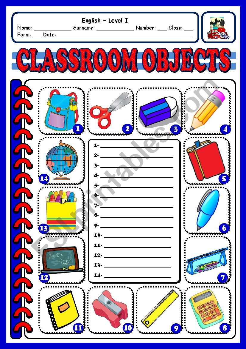 Classroom Objects worksheet