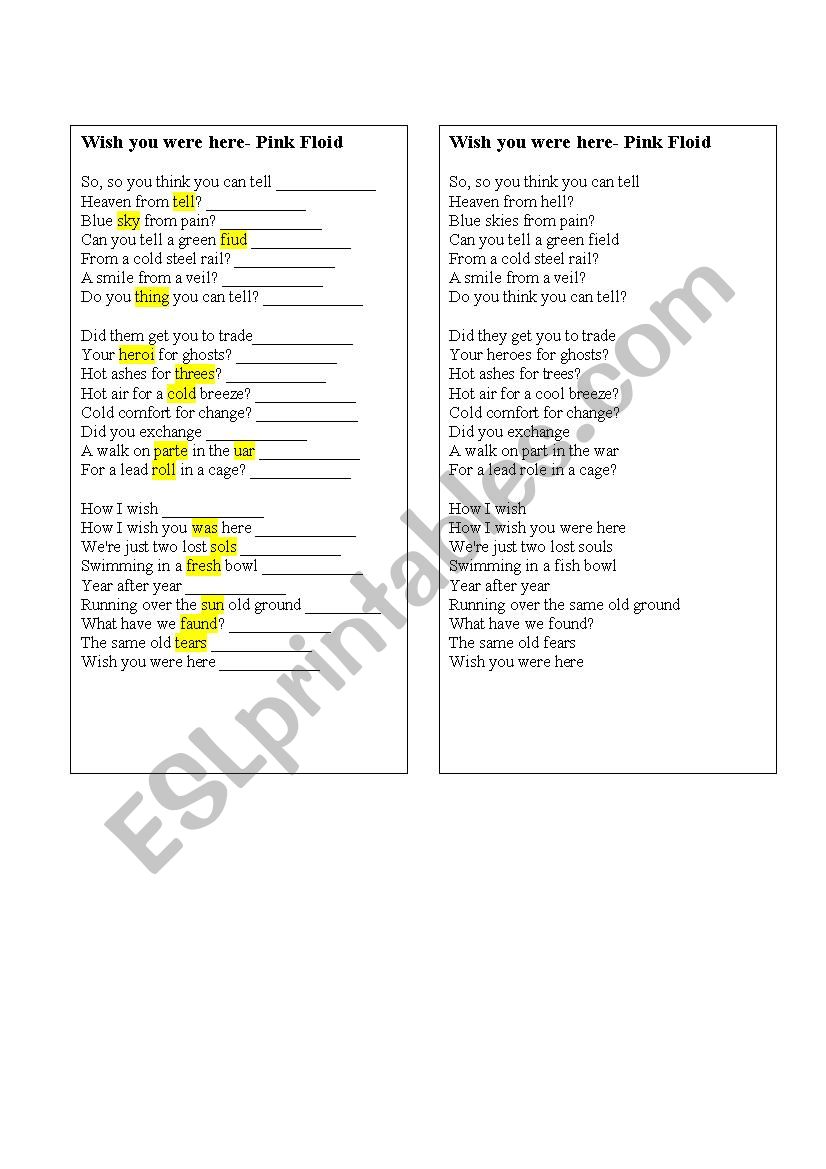 Song- I wish you were here  worksheet