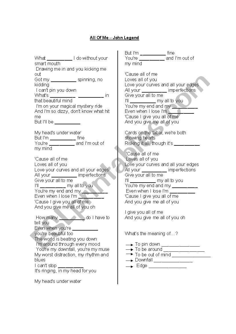 All of me - John Legend worksheet