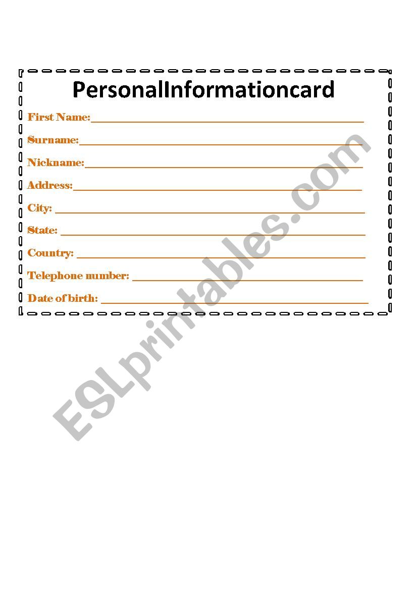 Personal Information Card worksheet
