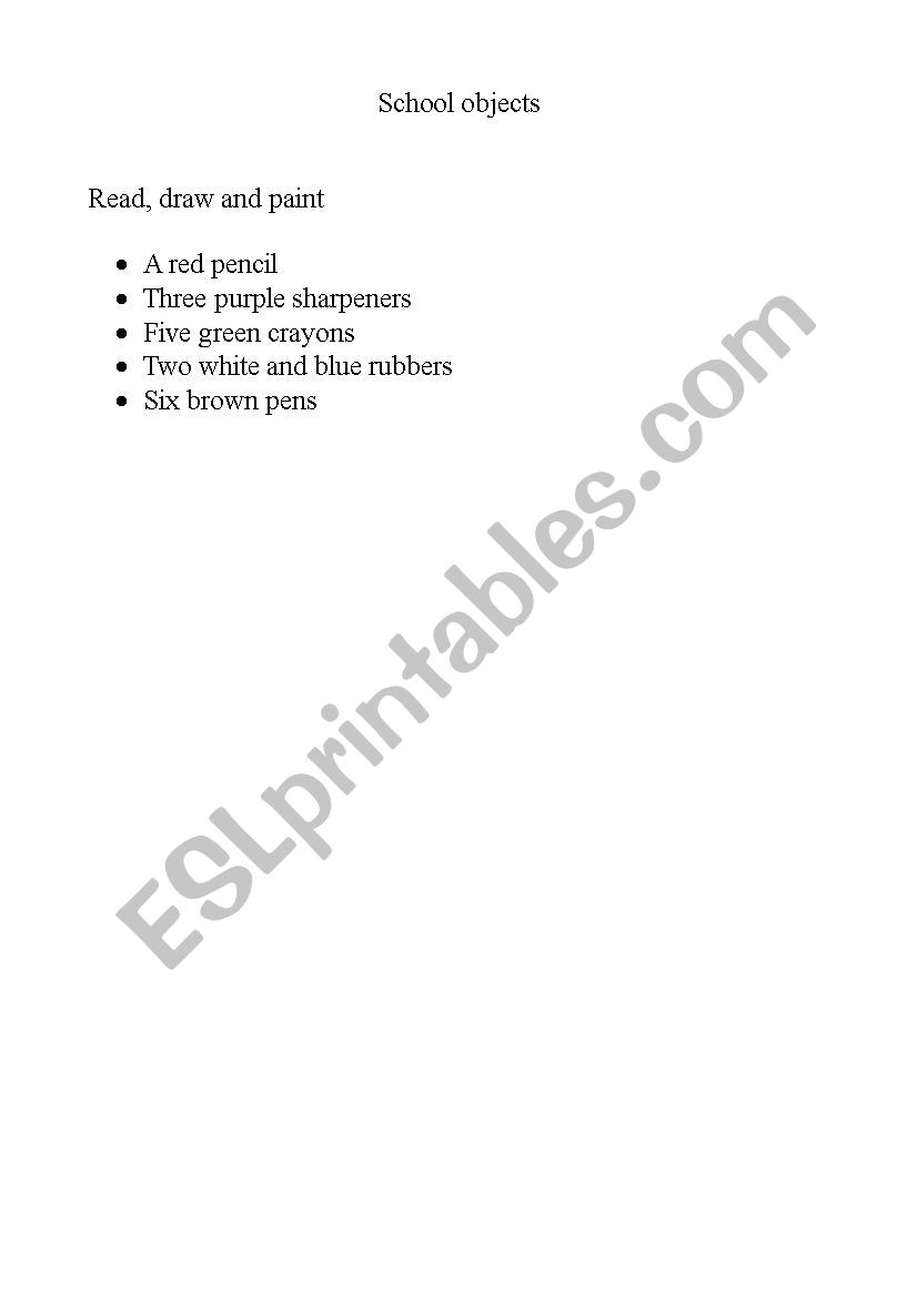 School objects worksheet