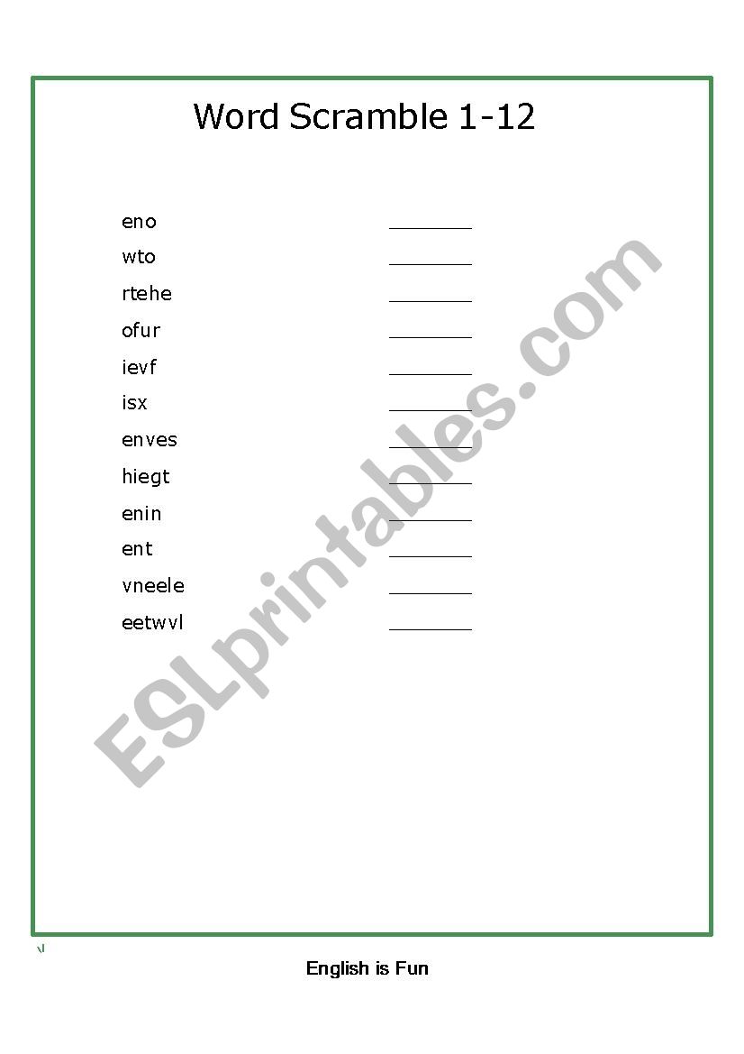 Numbers 1-12 wordscramble worksheet