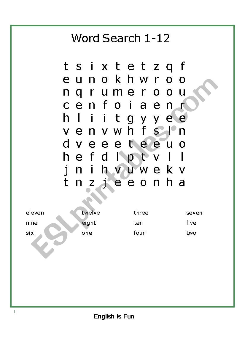 Numbers 1-12 wordsearch worksheet