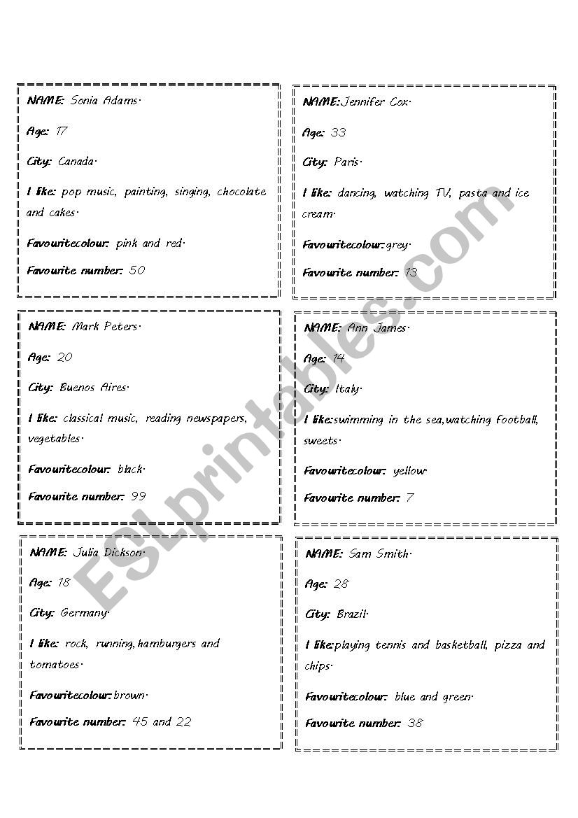 Cards- Personal Information worksheet