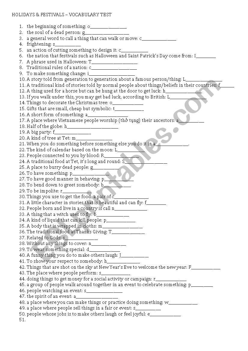 HOLIDAY VOCABULARY TEST worksheet