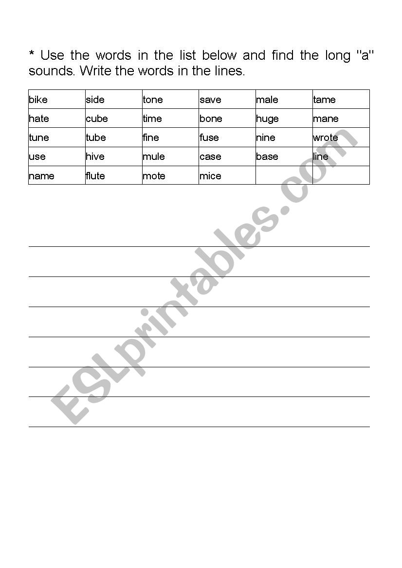 Long vowel a worksheet