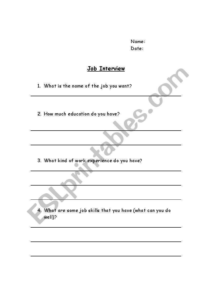  English worksheets Job Interview Questions