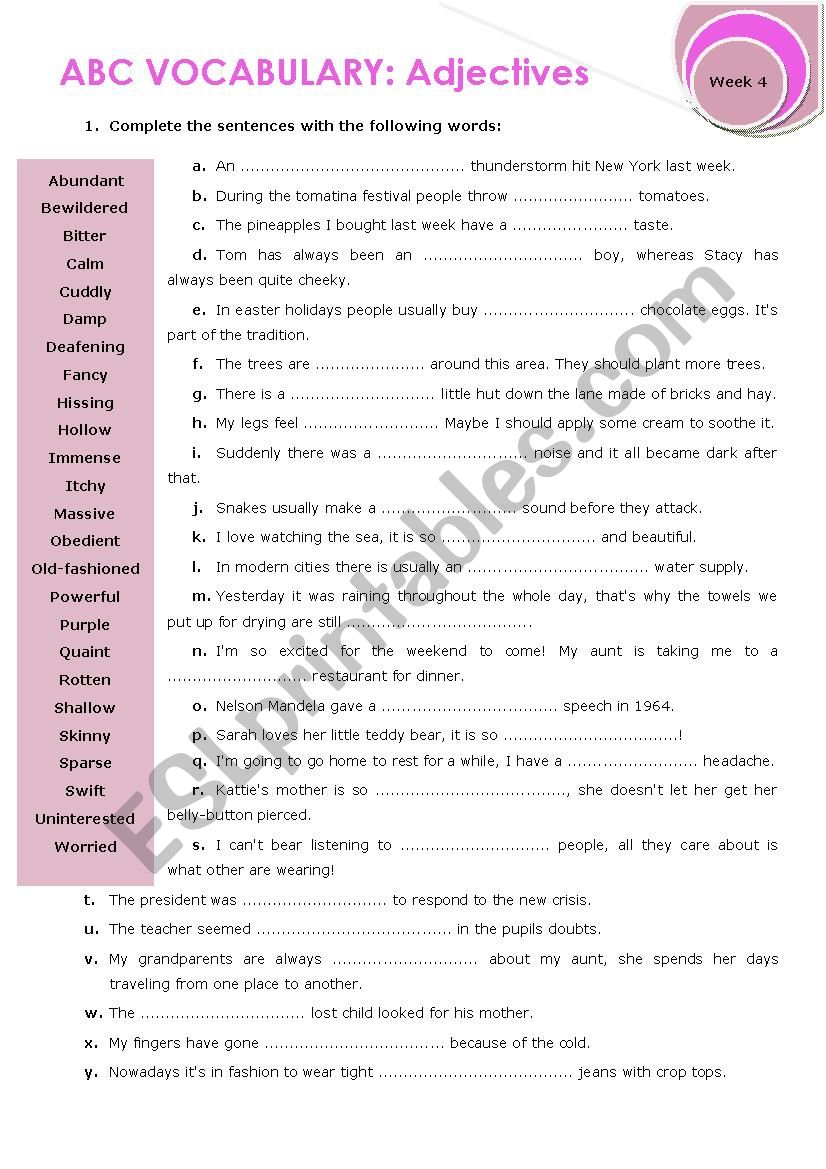 Vocabulary Adjectives week 4 worksheet