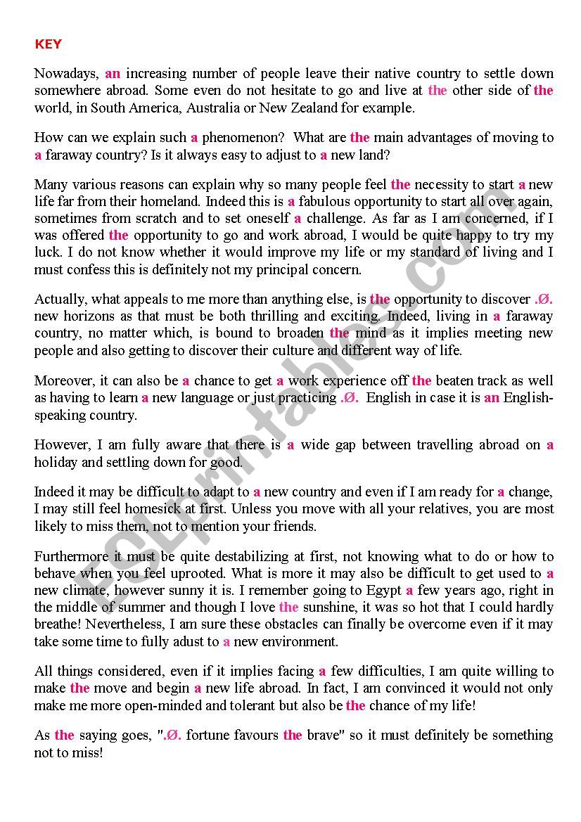 Gr Opinion Essay Practice Of Articles Would You Be Ready To Go And Live Abroad To Get A Better Life Key Esl Worksheet By Karagozian