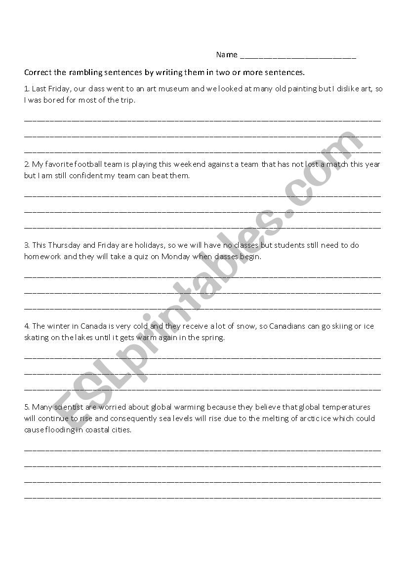 Rambling Sentence Worksheet