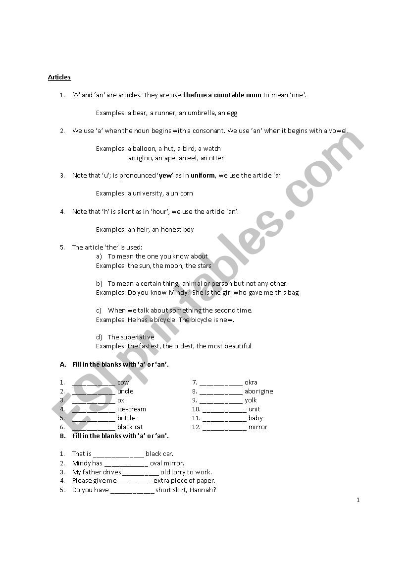 Articles worksheet