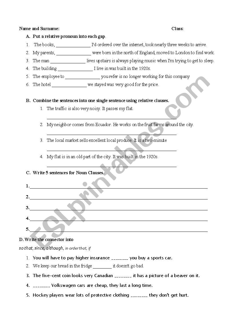 Adjective Noun And Adverb Clauses Quiz ESL Worksheet By Husnu474