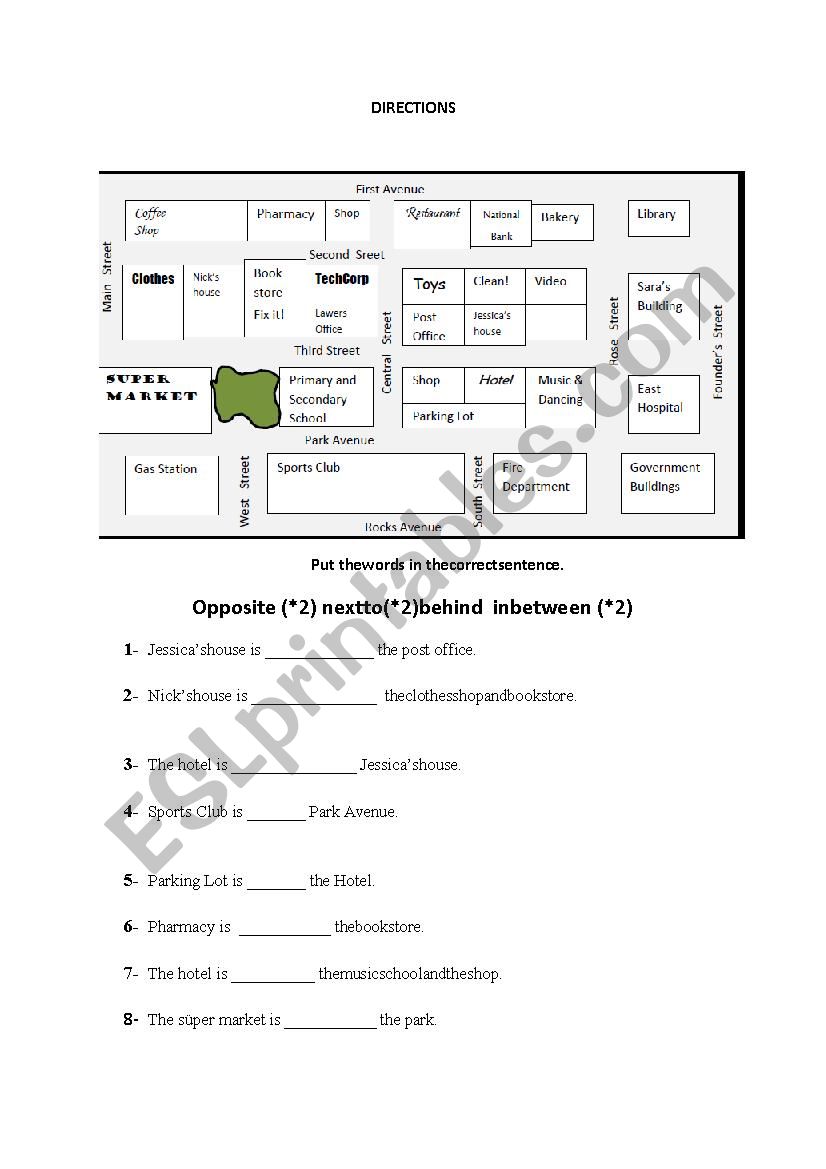 Directions / prepositions worksheet