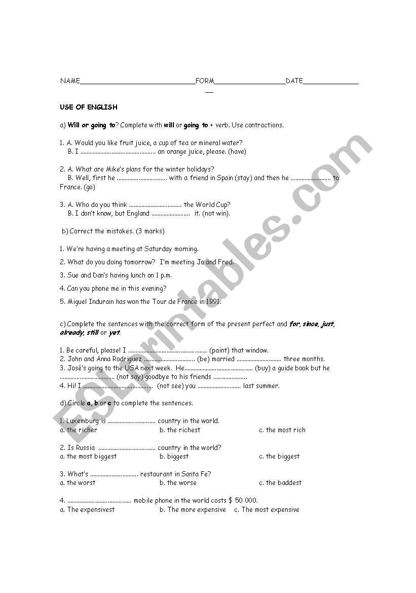 Will or going to, present perfect and superlatives. Short test 
