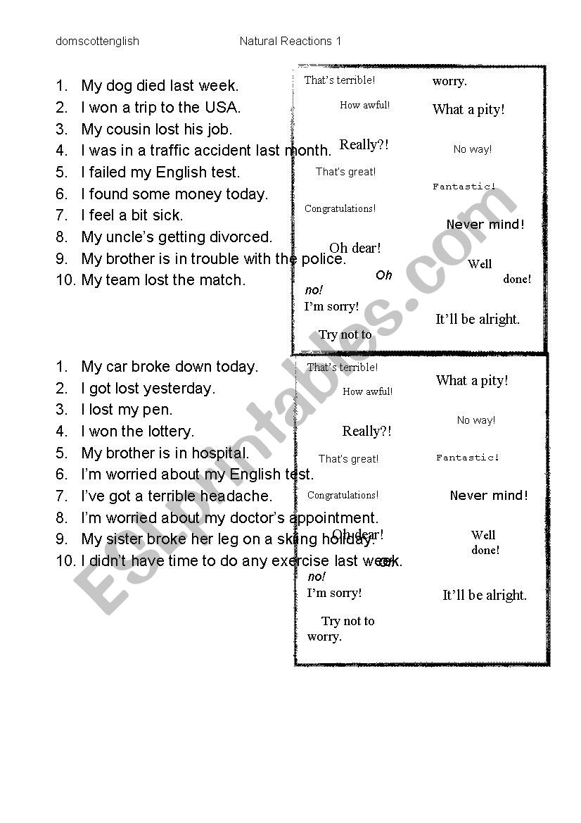 Natural Reactions worksheet