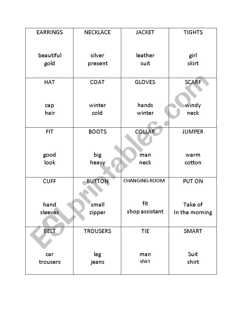 Taboo clothes worksheet