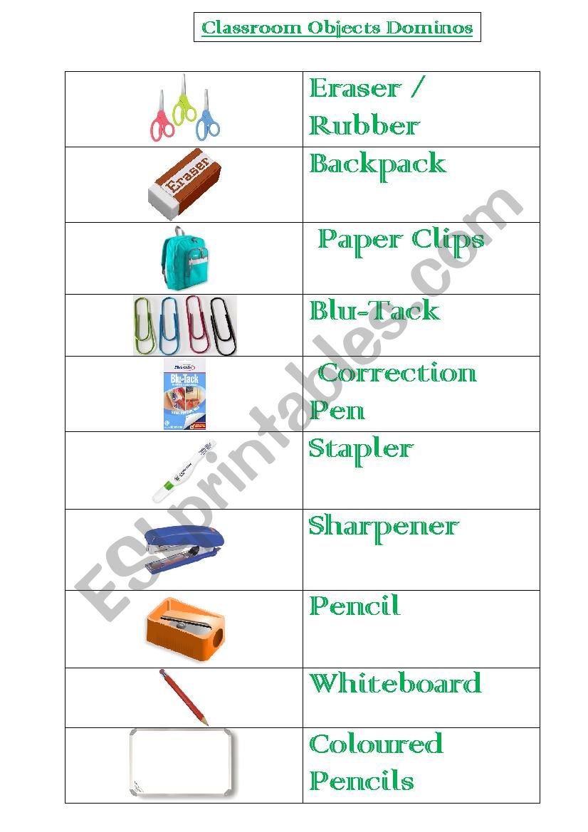 Classroom Objects Dominos (37  cards)