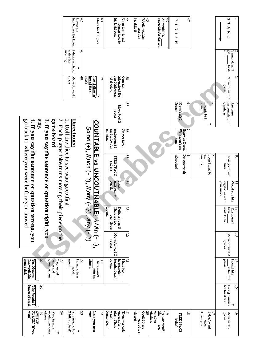 COUNTABLE and UNCOUNTABLE game board