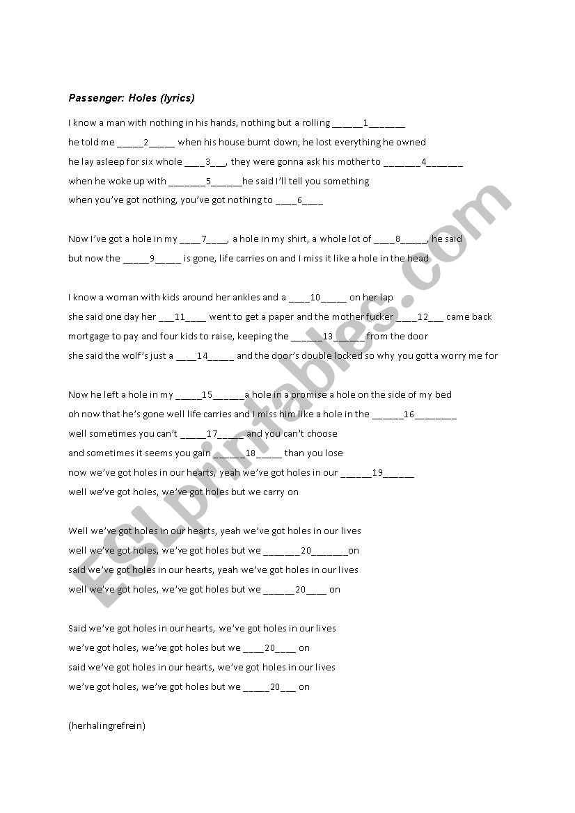 Listening exercise for the song Holes by Passenger