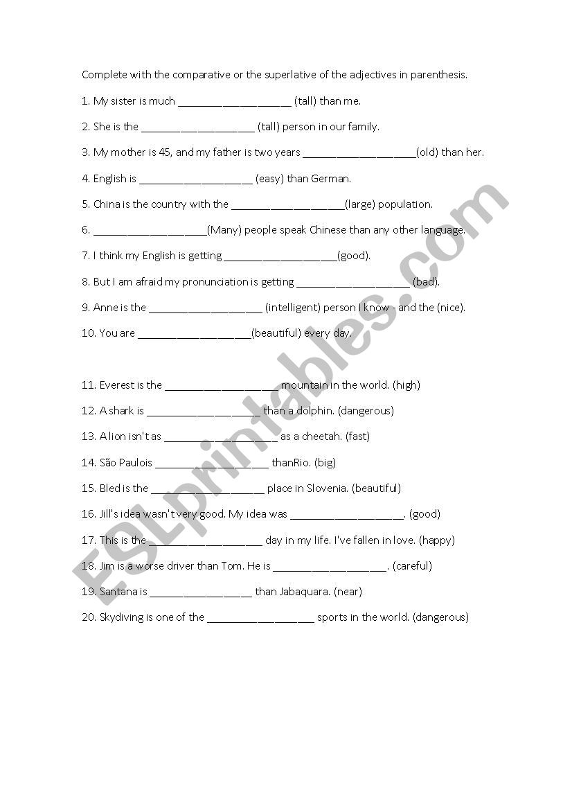 Comparative and Superlative exercises