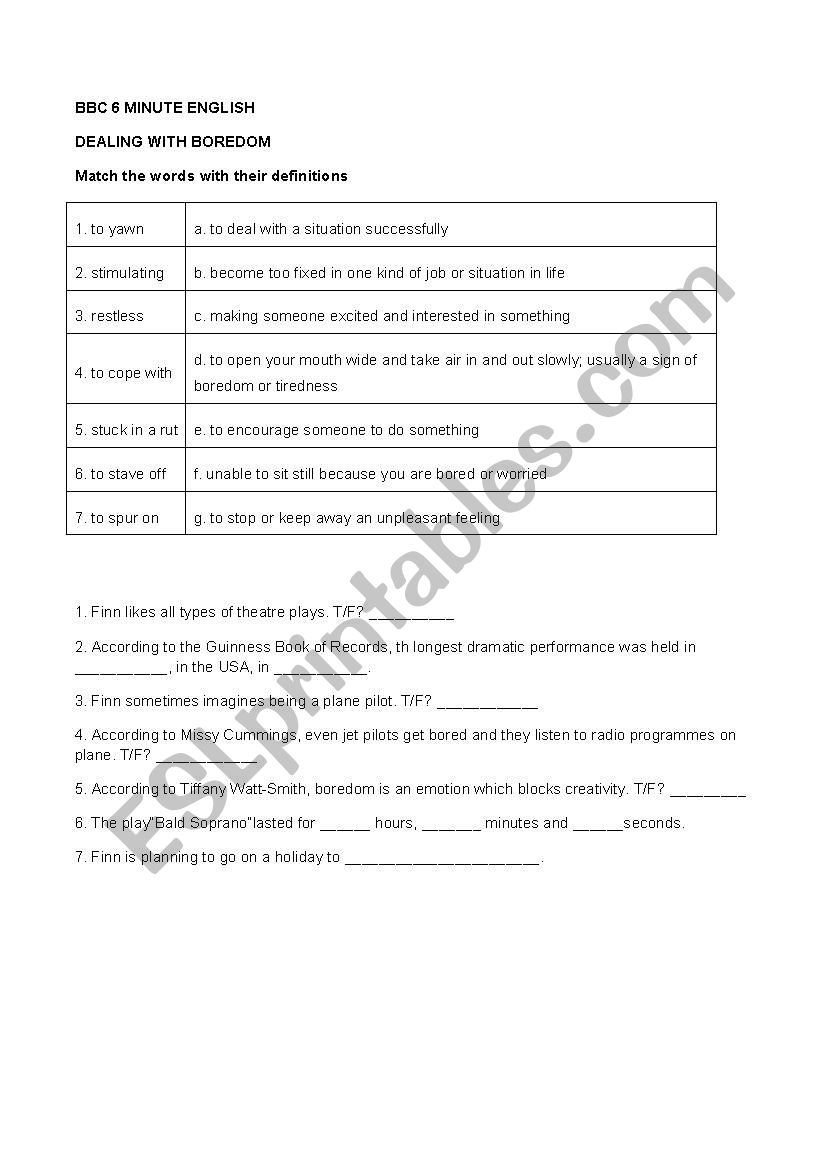 BBC 6 MINUTE ENGLISH - DEALING WITH BOREDOM (key included)