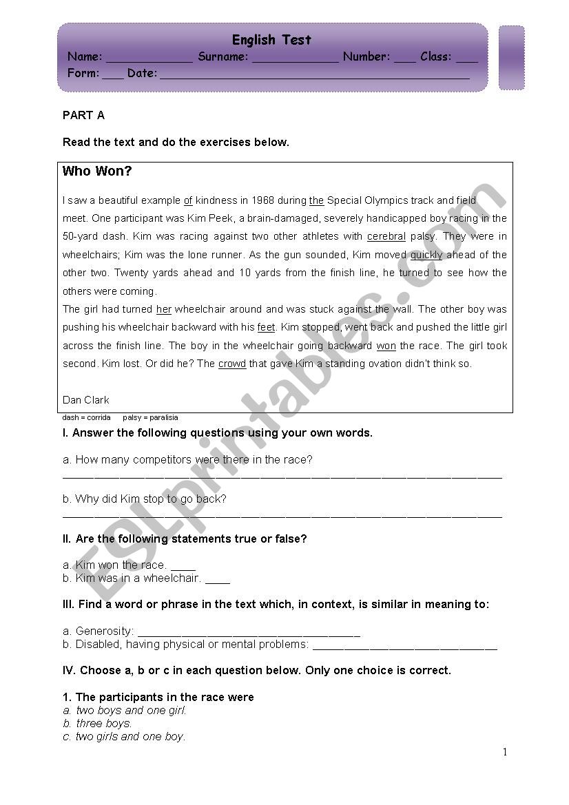 English Text and Reading worksheet