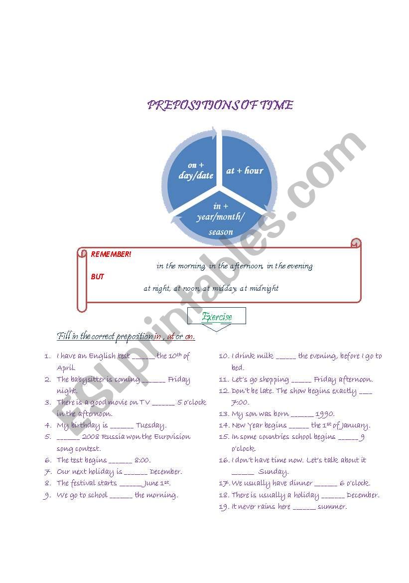 prepositions of time worksheet