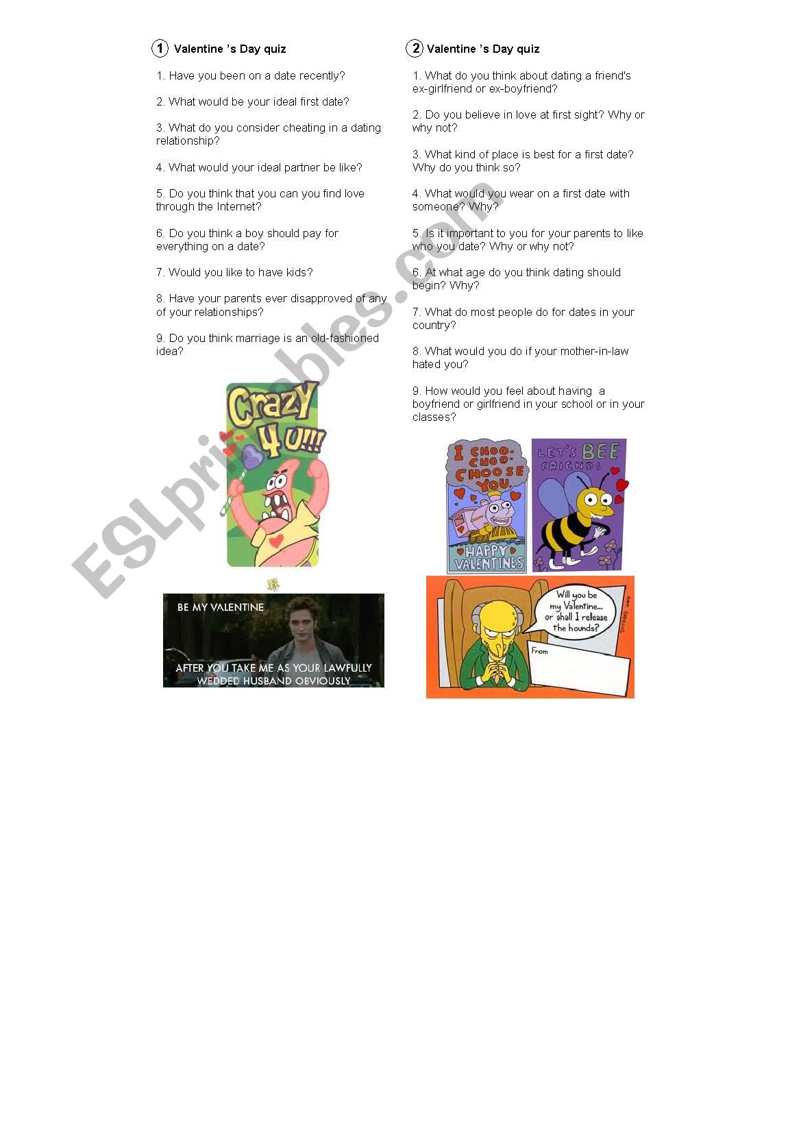 Valentine day quiz worksheet