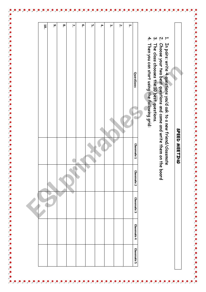 Speed meeting worksheet