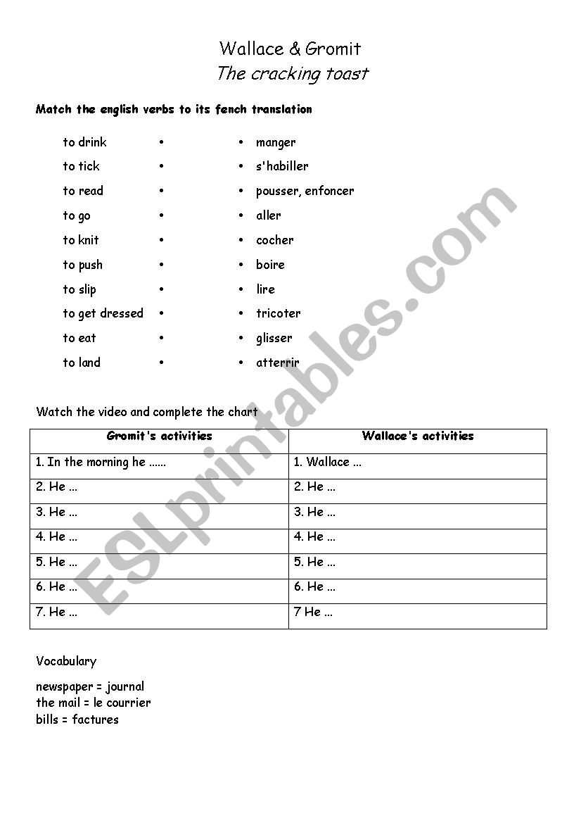 Daily routine worksheet - Wallace and Gromit 