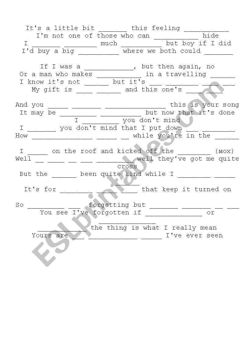 Song Worksheet. Elton John - Your Song