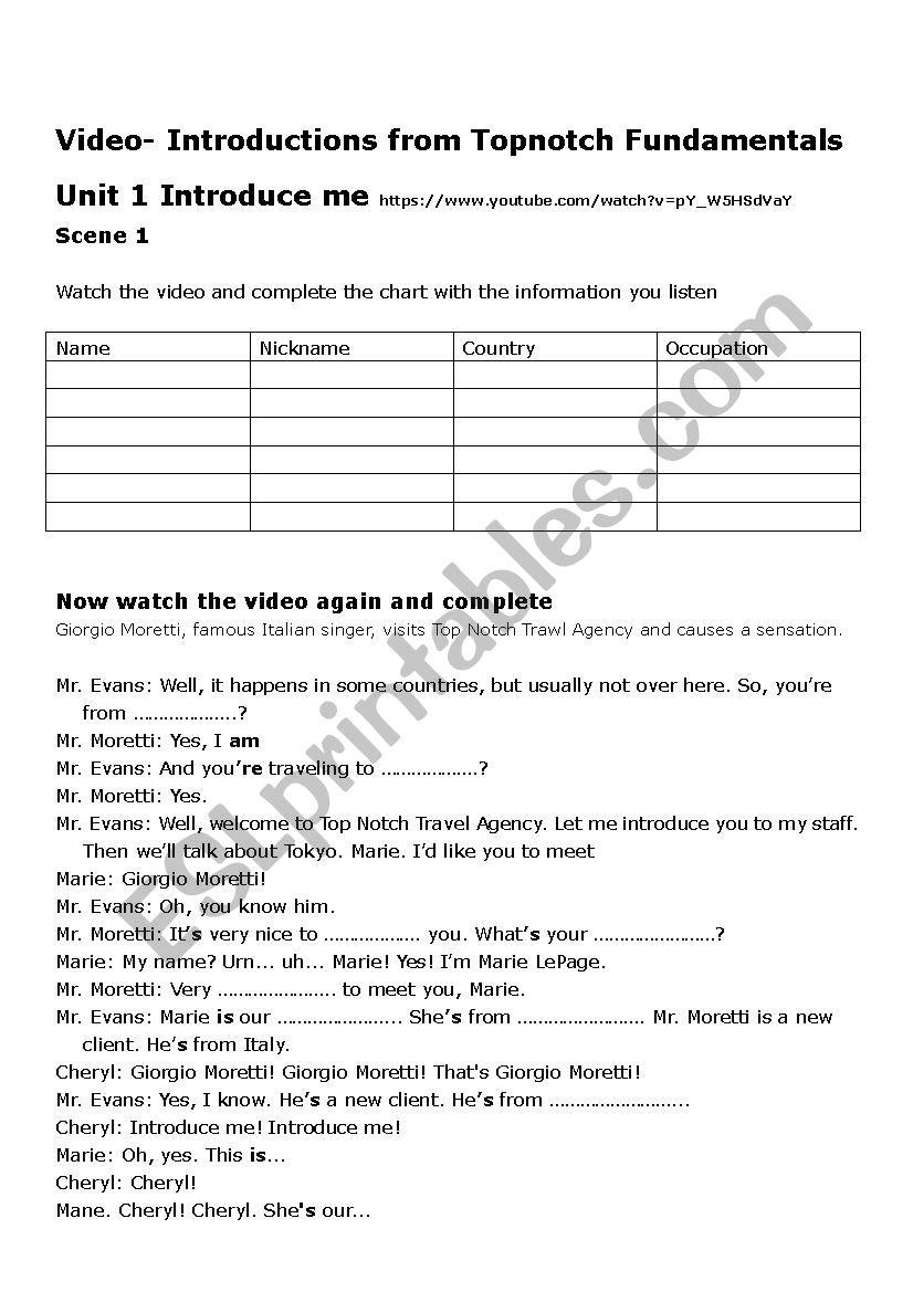 INTRODUCTIONS VIDEO  worksheet