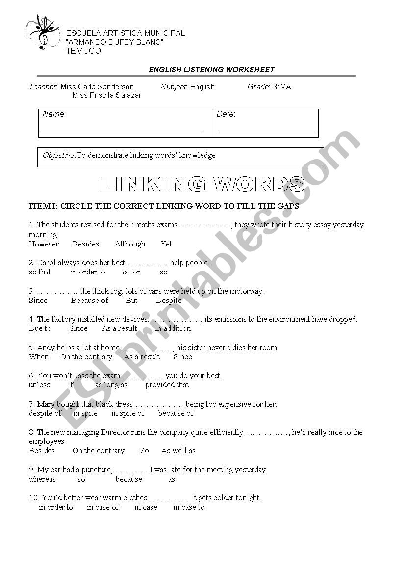 linking words worksheet