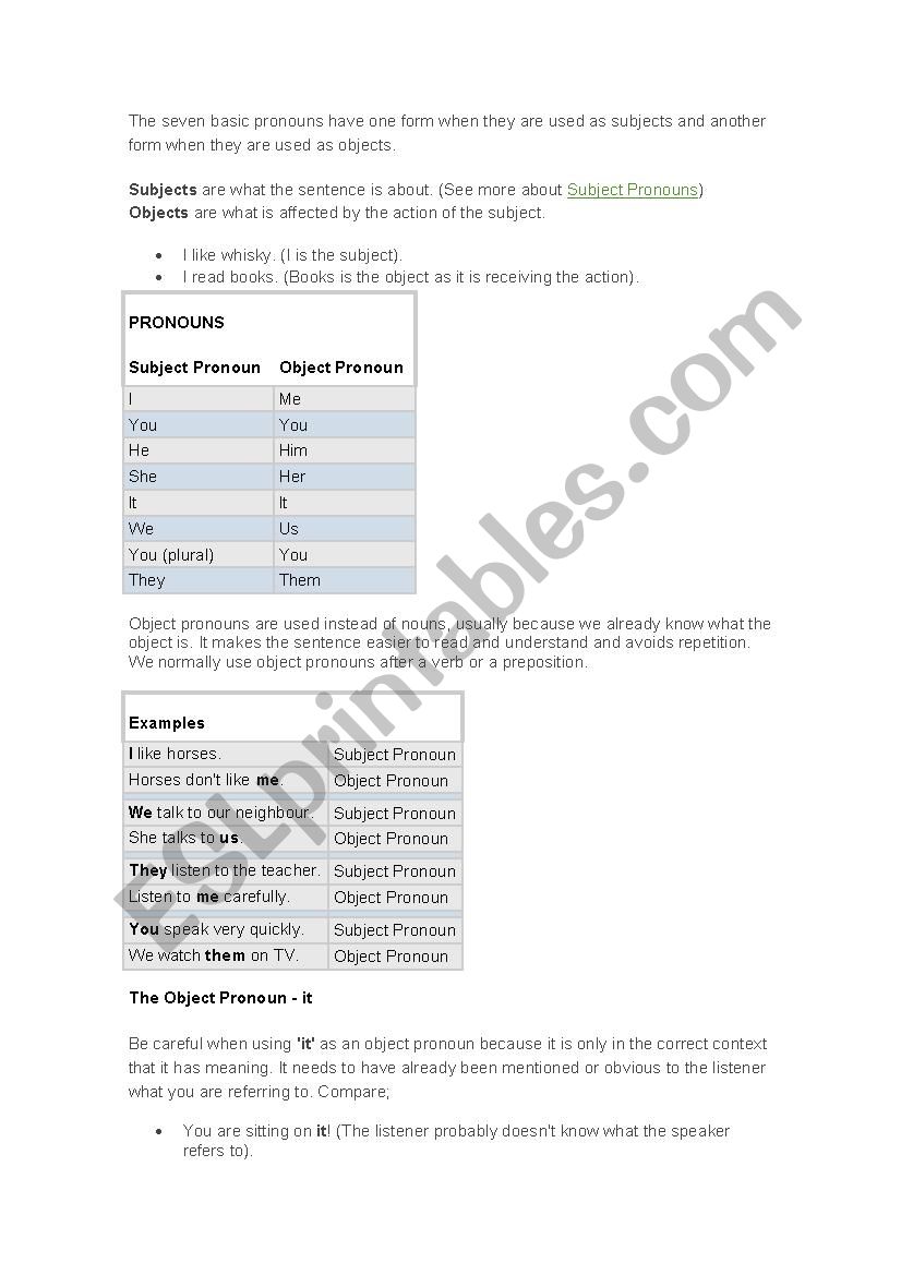 Object pronouns grammar explanation and exercises