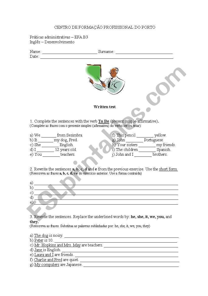 Test the verb to be  worksheet
