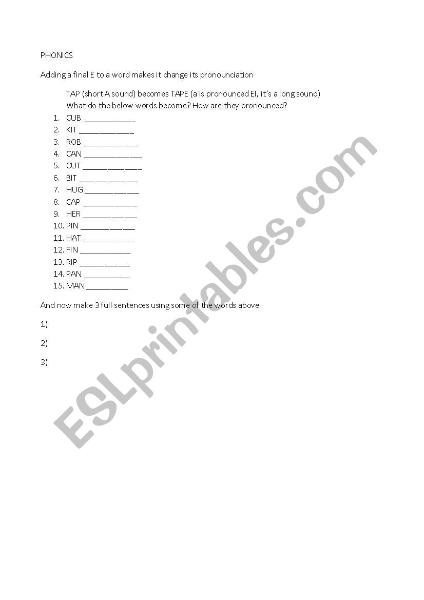 The magic E worksheet