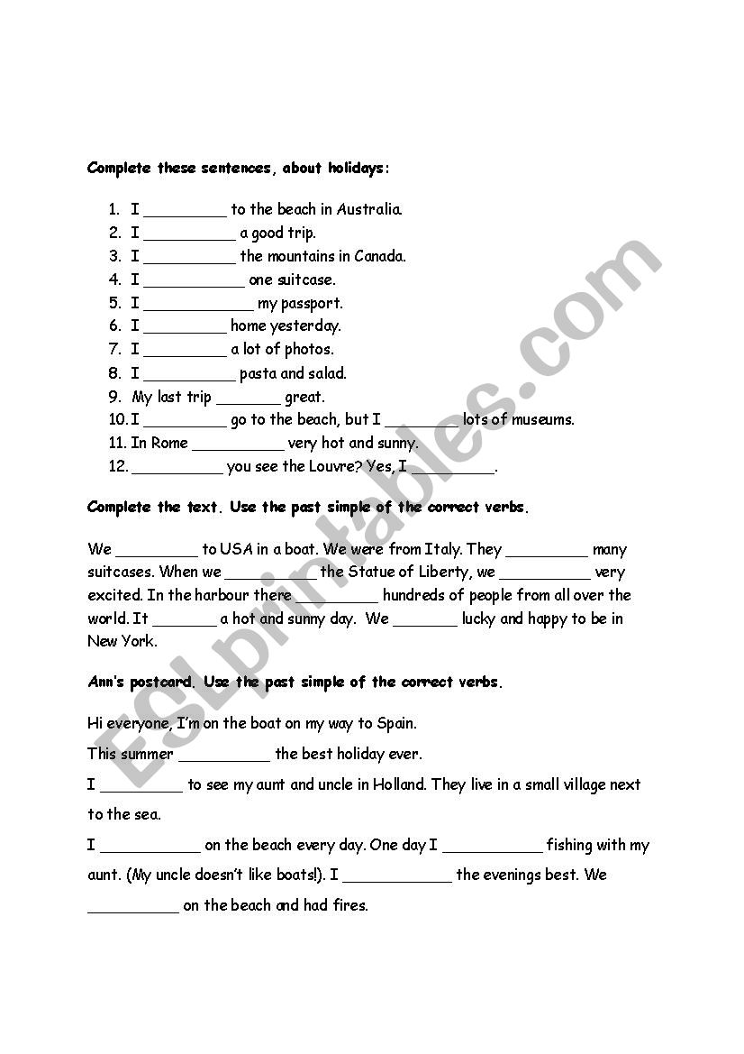 Holidays. Past simple worksheet