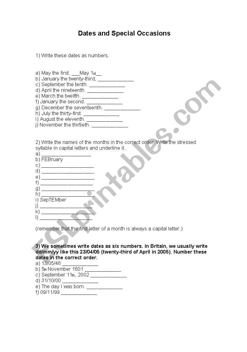Dates and special ocasions  worksheet