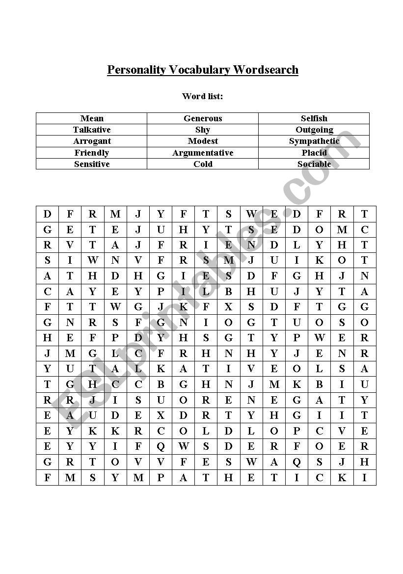 Personality adjectives - word search