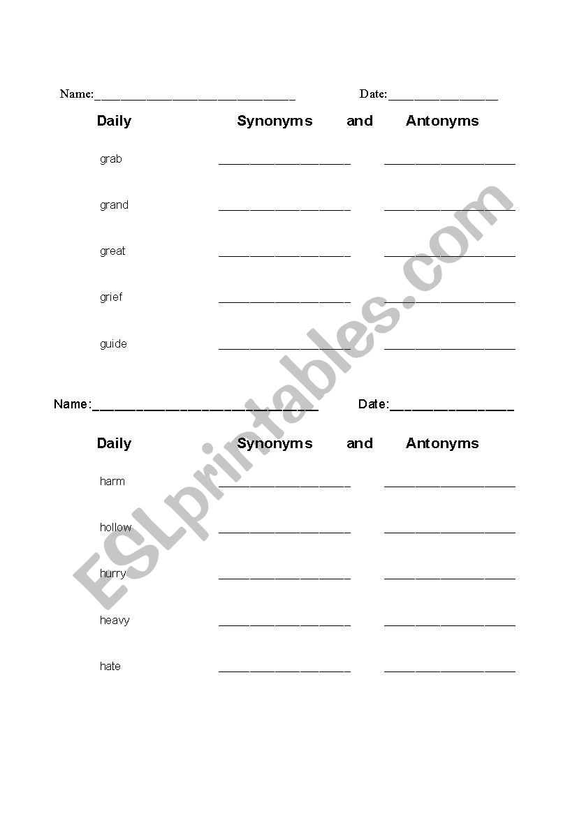 Synonyms and Antonyms 8B worksheet