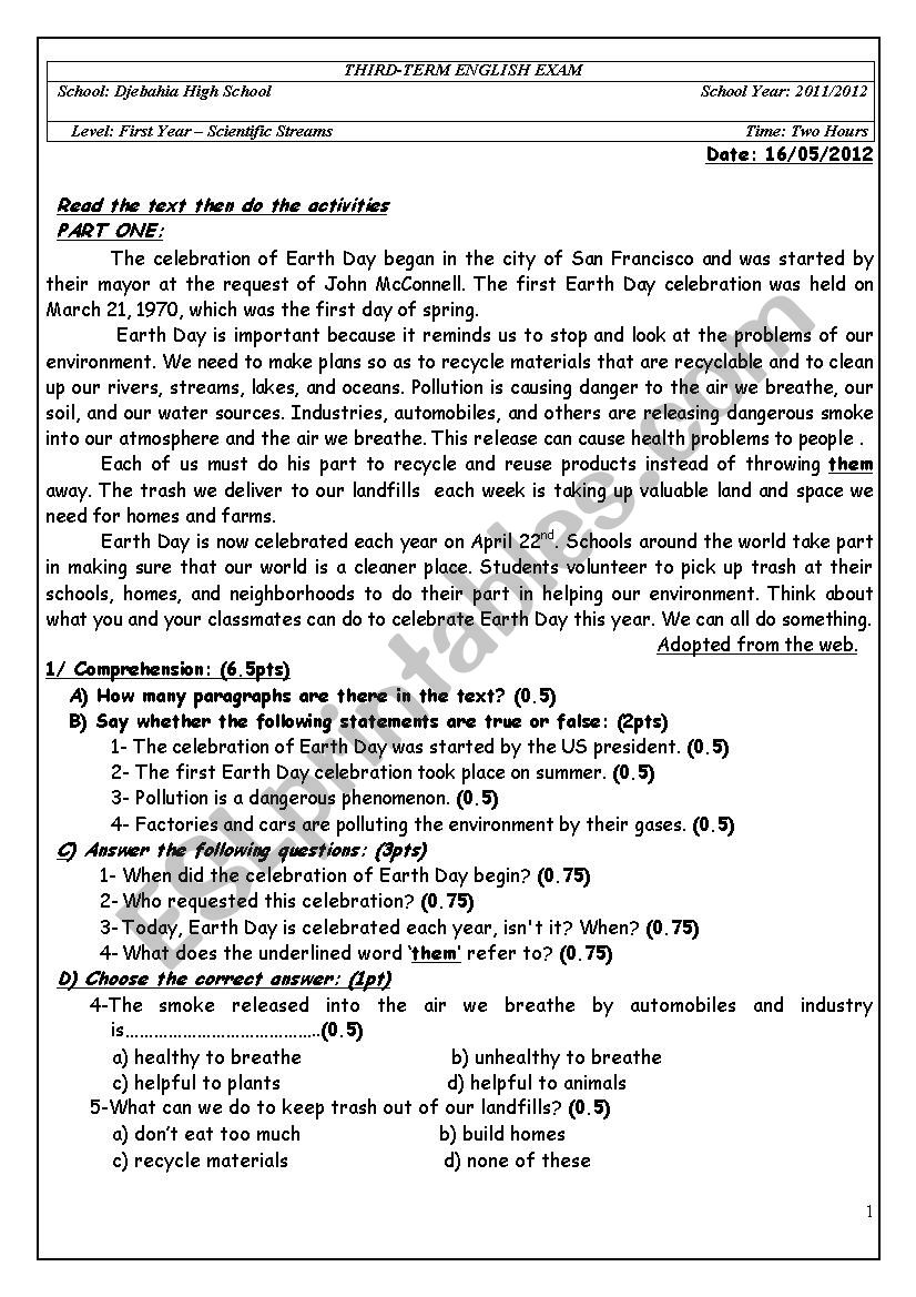 exam of back to nature worksheet