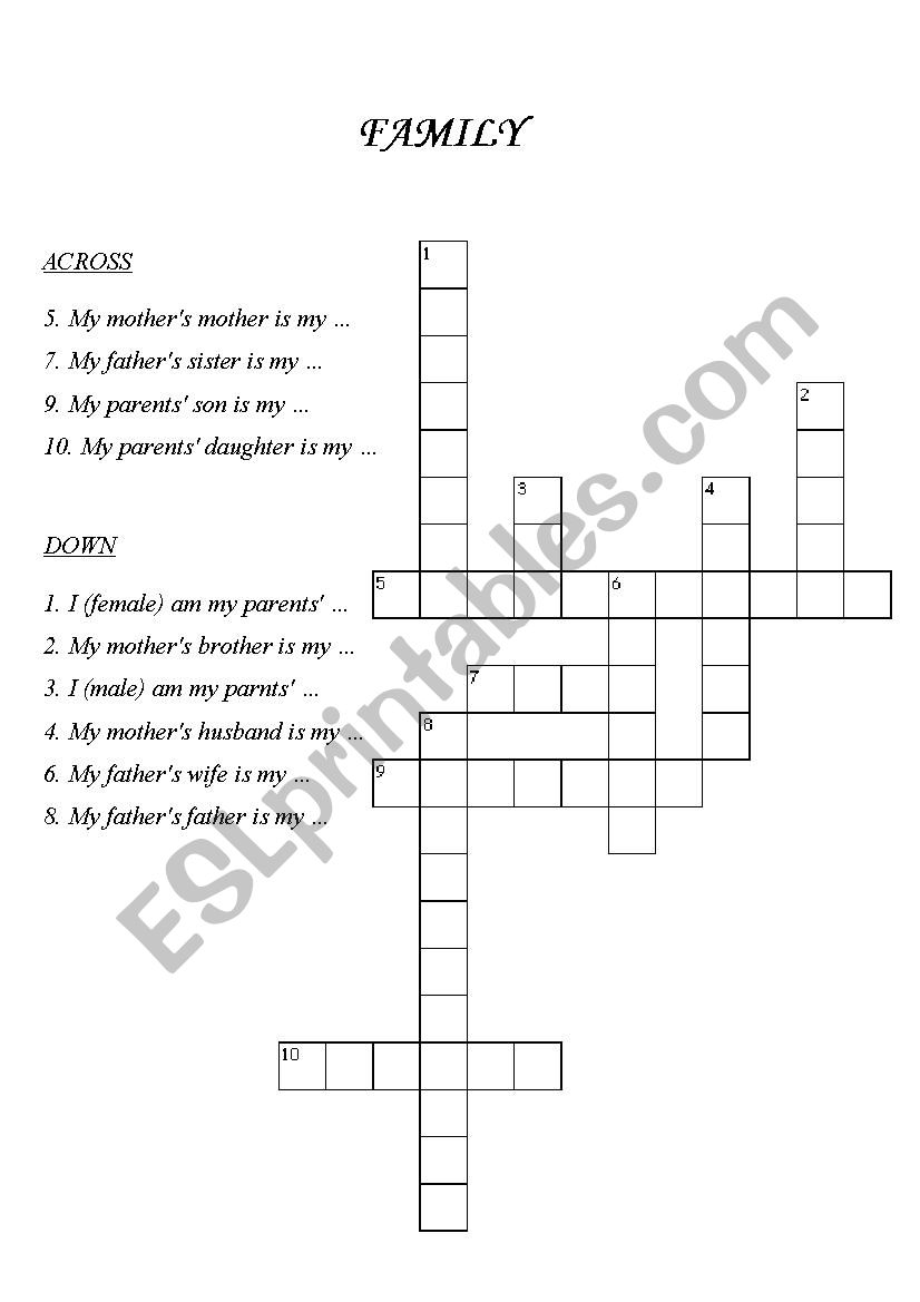 family crossword worksheet