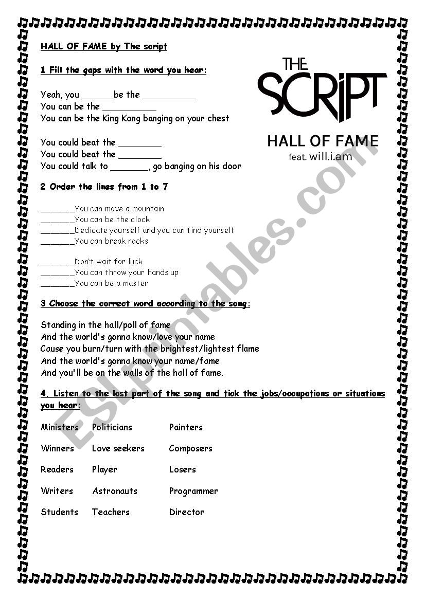 hall of fame song worksheet worksheet