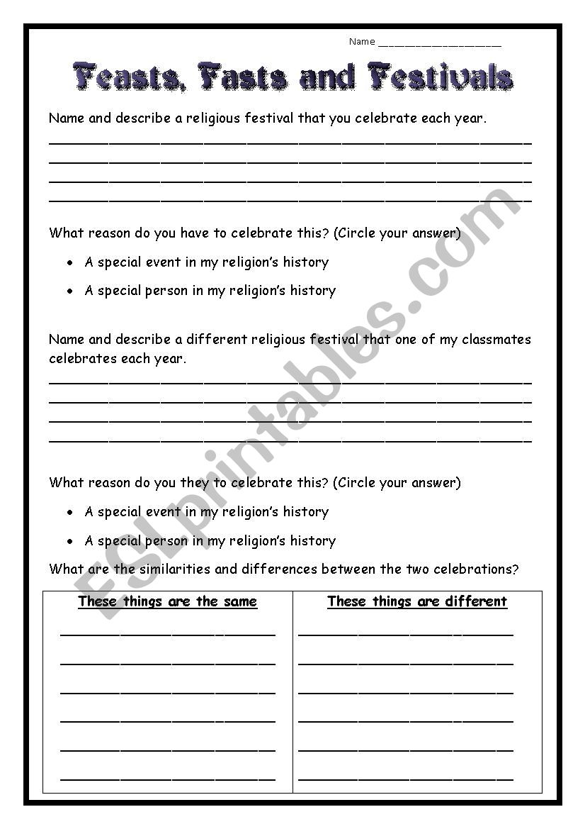Feasts, Festivals and Fasts worksheet