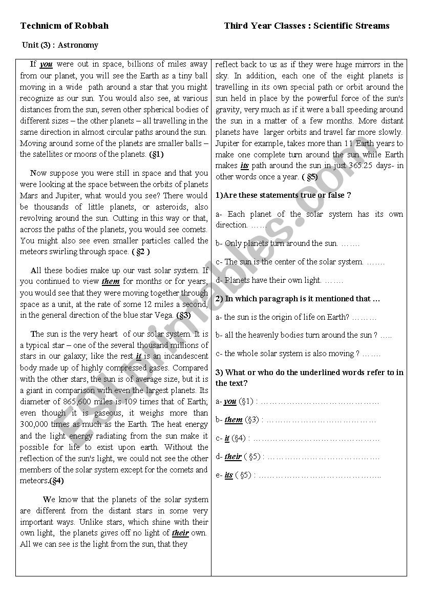 solar system worksheet