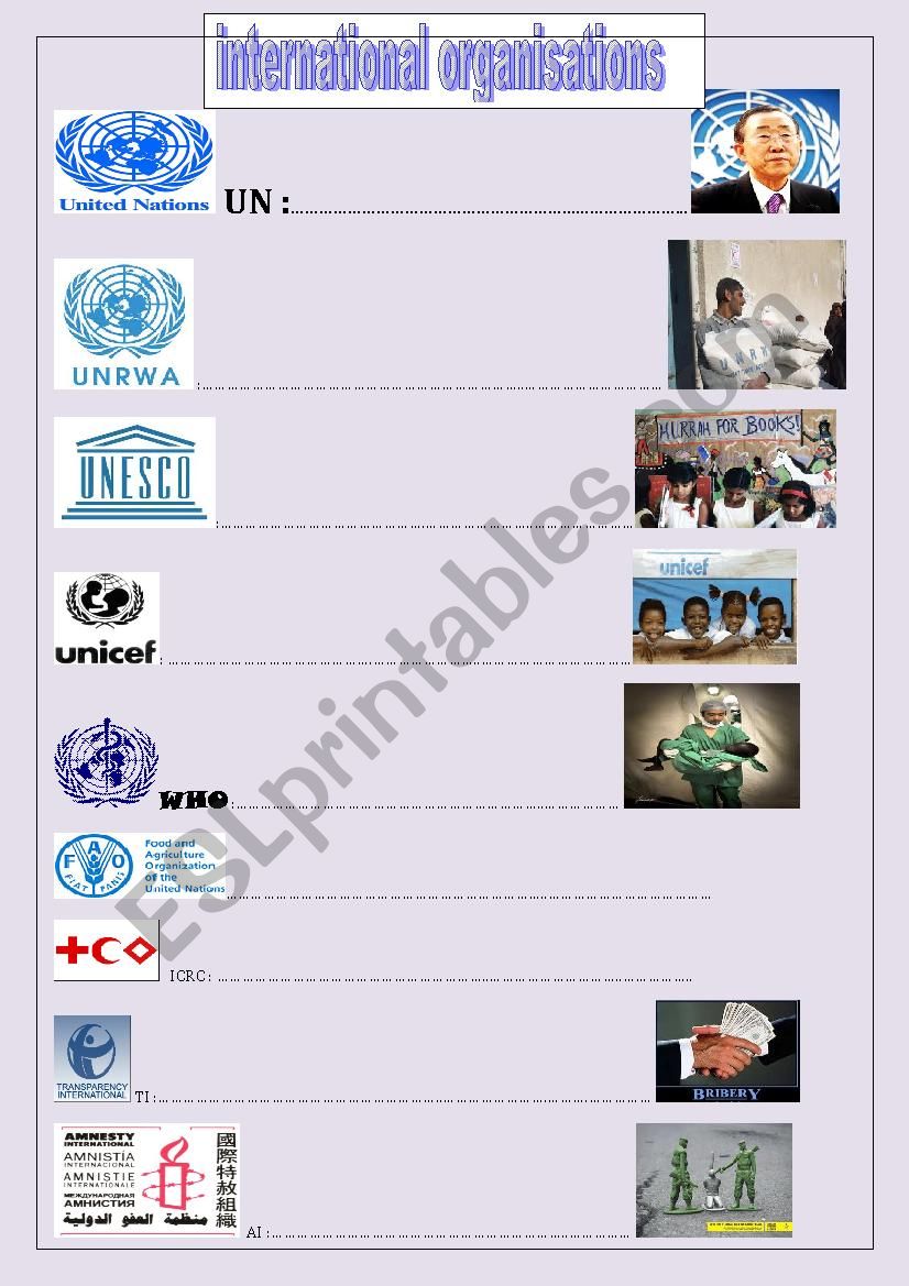 international organisations worksheet
