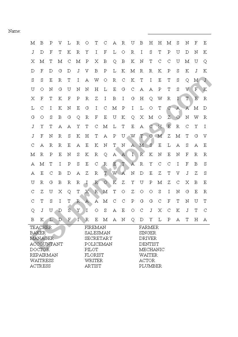 Jobs Word Search worksheet