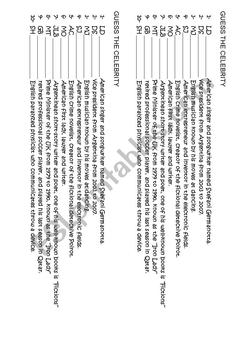 Guess the celebrity worksheet