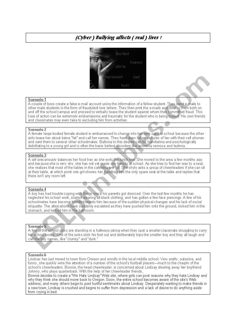( cyber ) bullying scenarios worksheet